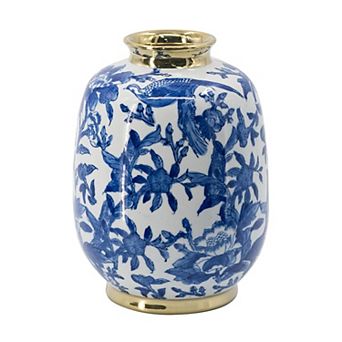 HomeRoots 11" Blue White And Gold Chinoiserie Floral Porcelain Table Vase