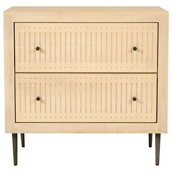 HomeRoots 28" Natural Solid Wood Distressed Carved Geometric Two Drawer Nightstand