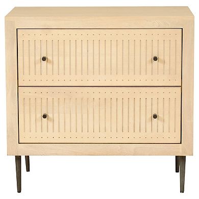 HomeRoots 28" Natural Solid Wood Distressed Carved Geometric Two Drawer Nightstand