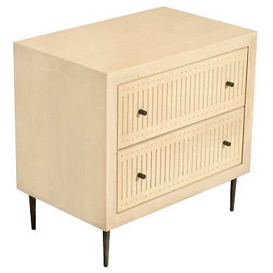 HomeRoots 28" Natural Solid Wood Distressed Carved Geometric Two Drawer Nightstand