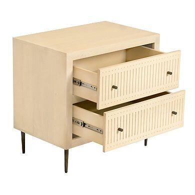HomeRoots 28" Natural Solid Wood Distressed Carved Geometric Two Drawer Nightstand