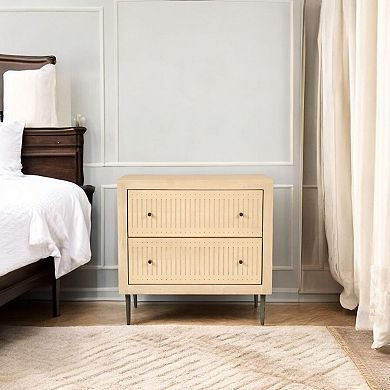 HomeRoots 28" Natural Solid Wood Distressed Carved Geometric Two Drawer Nightstand