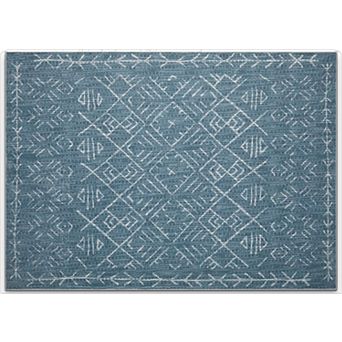HomeRoots Teal And Off White Abstract Geometric Distressed Washable Area Rug