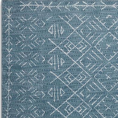 HomeRoots Teal And Off White Abstract Geometric Distressed Washable Area Rug