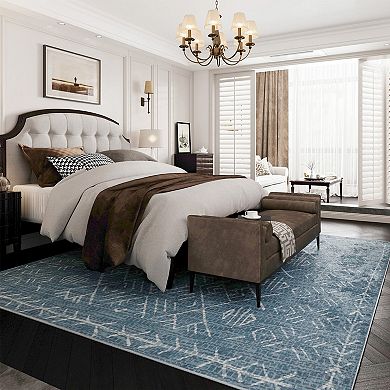 HomeRoots Teal And Off White Abstract Geometric Distressed Washable Area Rug