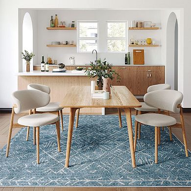HomeRoots Teal And Off White Abstract Geometric Distressed Washable Area Rug