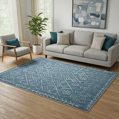 HomeRoots Teal And Off White Abstract Geometric Distressed Washable Area Rug