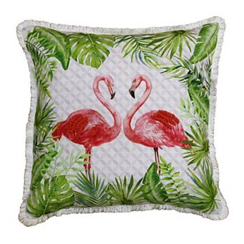 HomeRoots 20" Off White Pink And Green Flamingo Throw Pillow Cover with Fringe