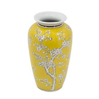 HomeRoots 11" White And Yellow Floral Porcelain Urn Table Vase