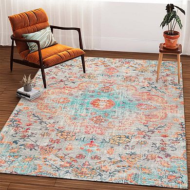 HomeRoots Teal Orange And Ivory Medallion Area Rug