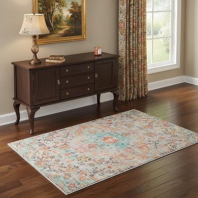 HomeRoots Teal Orange And Ivory Medallion Area Rug