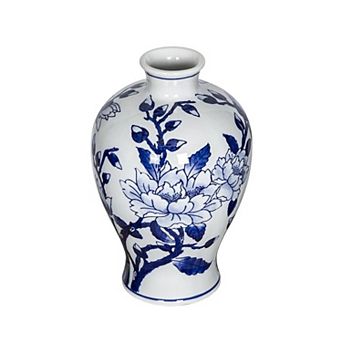 HomeRoots 10" Blue And White Floral Round Porcelain Table Vase