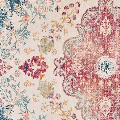 HomeRoots Teal Pink And Ivory Medallion Distressed Area Rug