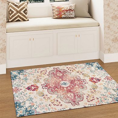 HomeRoots Teal Pink And Ivory Medallion Distressed Area Rug