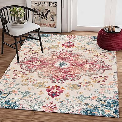 HomeRoots Teal Pink And Ivory Medallion Distressed Area Rug