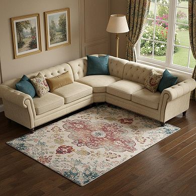 HomeRoots Teal Pink And Ivory Medallion Distressed Area Rug