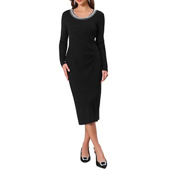 Women's Knit Dress Rhinestones Beaded Crewneck Long Sleeve Cocktail Bodycon Dresses