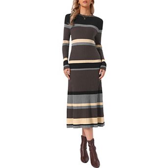 Ribbed Sweater Dress for Women's Long Sleeve Pullover Turtleneck Casual Knit Striped Midi Dress
