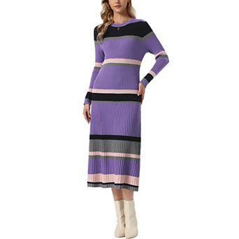 Ribbed Sweater Dress for Women's Long Sleeve Pullover Turtleneck Casual Knit Striped Midi Dress