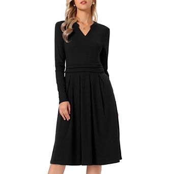 Knit Dress for Women V Neck Long Sleeve Strechy Knee Length Casual A Line Dresses