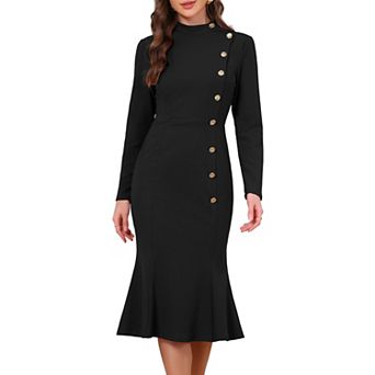 Midi Fishtail Dress for Women Long Sleeve Stand Neck Button Decro Business Mermaid Bodycon Dresses