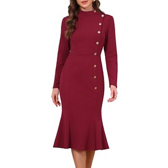 Midi Fishtail Dress for Women Long Sleeve Stand Neck Button Decro Business Mermaid Bodycon Dresses