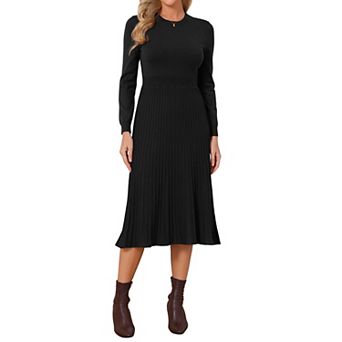 Women's Sweater Dress Fall Long Sleeve Crewneck Stretchy Ribbed Knit Pleated A Line Midi Dresses