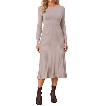 Women's Sweater Dress Fall Long Sleeve Crewneck Stretchy Ribbed Knit Pleated A Line Midi Dresses