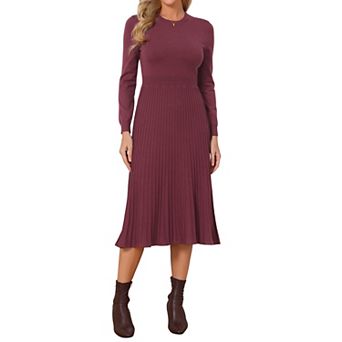 Women's Sweater Dress Fall Long Sleeve Crewneck Stretchy Ribbed Knit Pleated A Line Midi Dresses