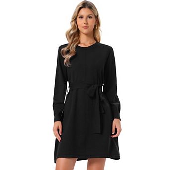 Knitted Sweater Dress for Women's Crew Neck Long Sleeve Ribbed Casual Midi Dress with Belt