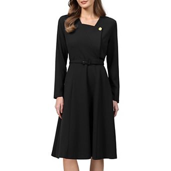 Women's A Line Work Dress Lapel V Neck Long Sleeve Elegant Fit and Flare Dresses with Belted