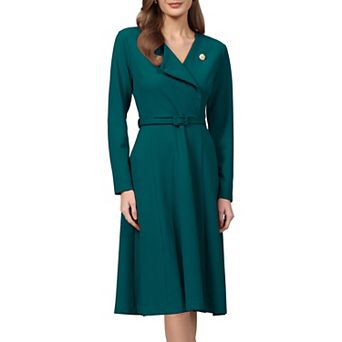 Women's A Line Work Dress Lapel V Neck Long Sleeve Elegant Fit and Flare Dresses with Belted