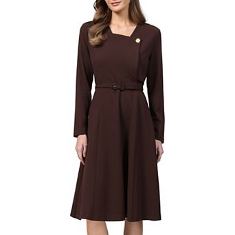 Women's A Line Work Dress Lapel V Neck Long Sleeve Elegant Fit and Flare Dresses with Belted