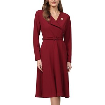 Women's A Line Work Dress Lapel V Neck Long Sleeve Elegant Fit and Flare Dresses with Belted