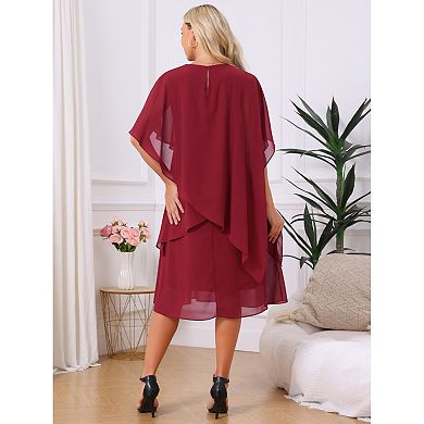 Women's Fall Dresses Chiffon Cape Overlay Crewneck Asymmetric Ruffle Formal Shift Midi Dress