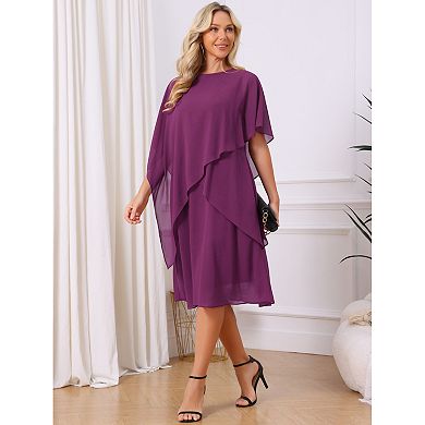 Women's Fall Dresses Chiffon Cape Overlay Crewneck Asymmetric Ruffle Formal Shift Midi Dress