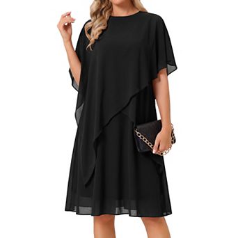 Women's Fall Dresses Chiffon Cape Overlay Crewneck Asymmetric Ruffle Formal Shift Midi Dress