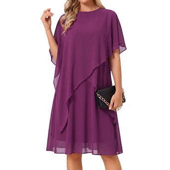Women's Fall Dresses Chiffon Cape Overlay Crewneck Asymmetric Ruffle Formal Shift Midi Dress