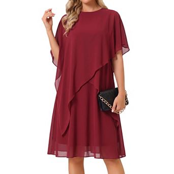 Women's Fall Dresses Chiffon Cape Overlay Crewneck Asymmetric Ruffle Formal Shift Midi Dress