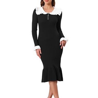Women's Knit Dress Bodycon Evening Cocktail Party Lapel Collar Long Sleeve Fishtail Midi Dresses