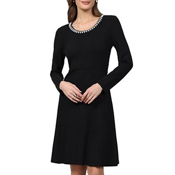 Women's Sweater Dress Fall Winter Pearl Beaded Neck A Line Ribbed Knit Dresses