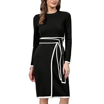 Women's Faux Wrap Sweater Dress Long Sleeve Contrast Color Casual Work Ribbed Knit Dresses