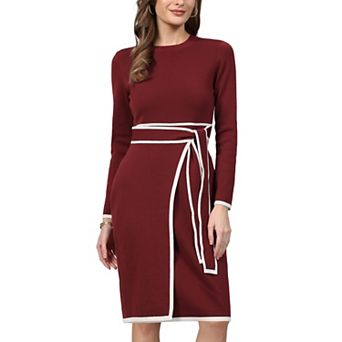 Women's Faux Wrap Sweater Dress Long Sleeve Contrast Color Casual Work Ribbed Knit Dresses
