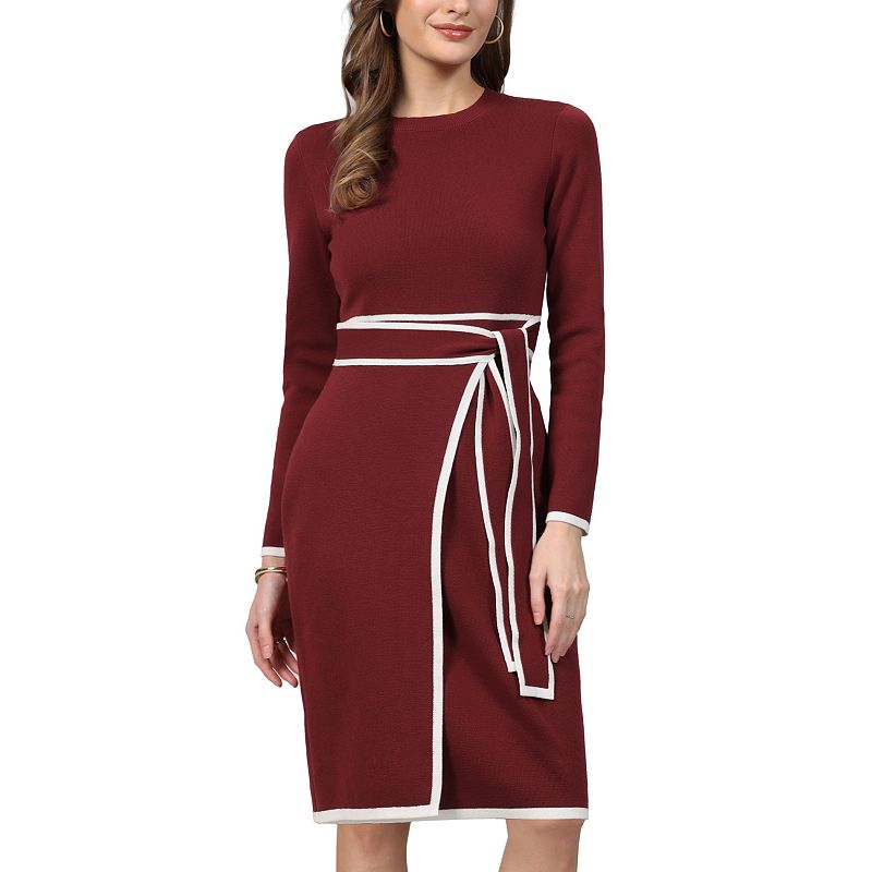 crimson red dress casual Women's Faux Wrap Sweater Long Sleeve Contrast Color Work Ribbed Knit Dresses COLOR:SADELLE BROWN 80s red satin dress crimson dress Miipat Baby Girl Princess * ( ̮̮̃*̃)..( ̮̮̃