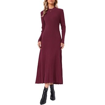 Pleated Sweater Dress for Women's Mock Neck Long Sleeve Fall Winter Ribbed Knit A Line Midi Dress