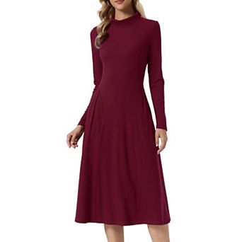 Ribbed Knitted Midi Dress for Womens Turtleneck Long Sleeve A Line Dresses