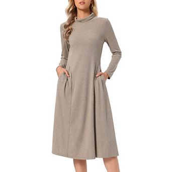 Ribbed Knitted Midi Dress for Womens Turtleneck Long Sleeve A Line Dresses