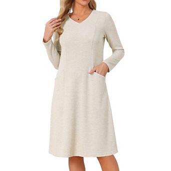 Women's Knit Dress Fall Winter Long Sleeve Loose V Neck Pullover Sweater A Line Dress with Pockets