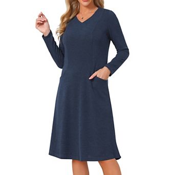 Women's Knit Dress Fall Winter Long Sleeve Loose V Neck Pullover Sweater A Line Dress with Pockets