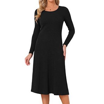 Women's Knit Dress Long Sleeve U Neck Pullover A Line Fall Winter Trendy Midi Dress